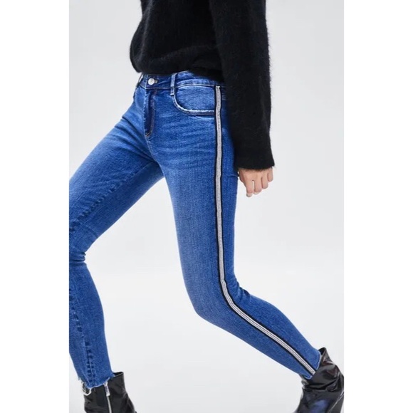 NEW Zara Skinny Silver Beaded Stripe Jeans